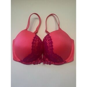 Victoria's Secret Very Sexy Push Up Bra‎ Pink Satin Lace Thick Padding Size 32DD